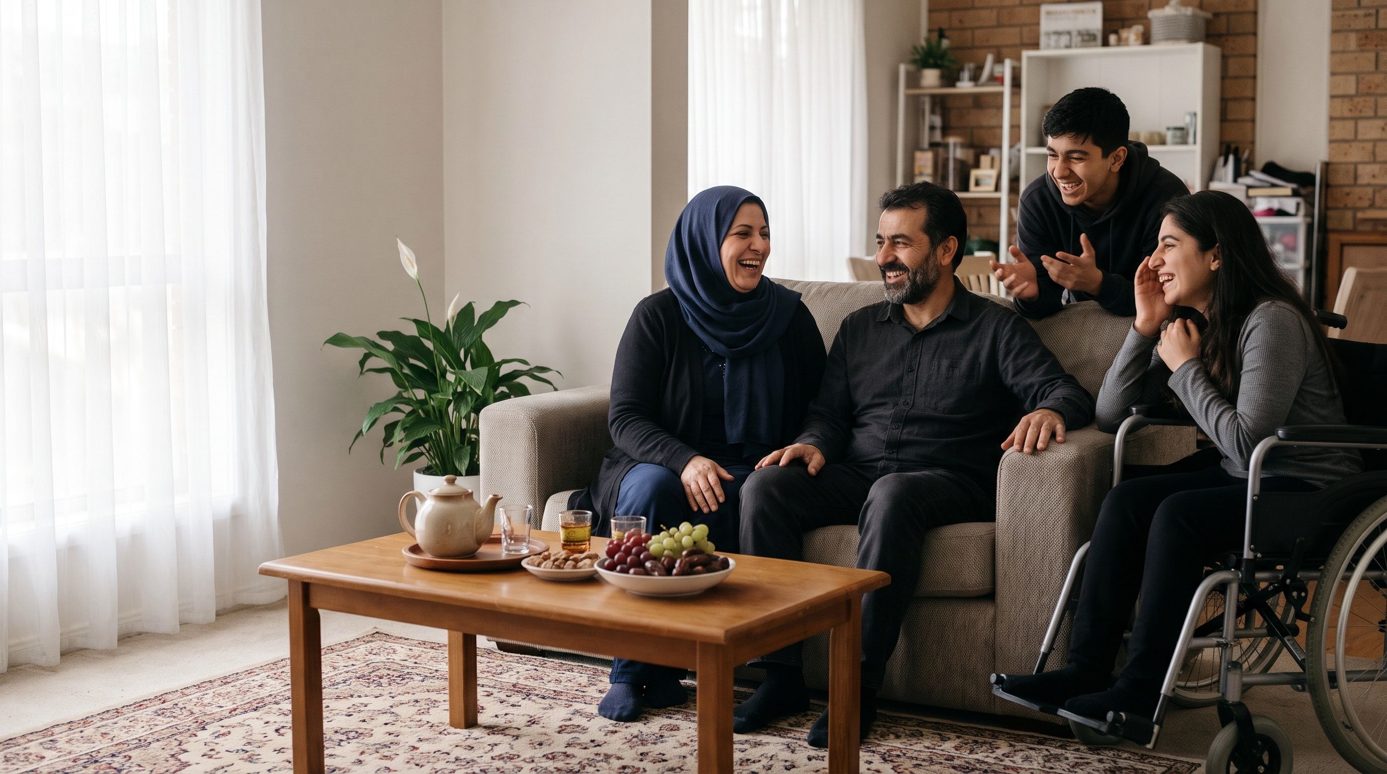 A family relaxing and laughing together on the sofa at home.