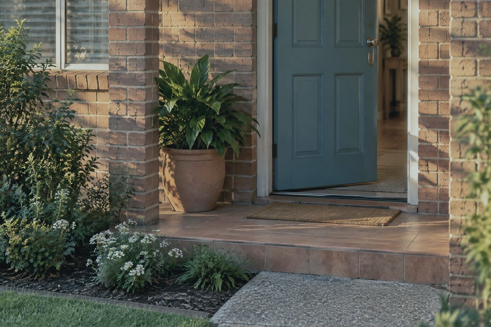 Front door of a brick home standing open at golden hour, a potted plant on the porch
