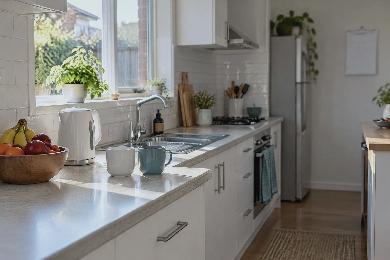 Sunlit home kitchen in the morning with a kettle, two mugs and a bowl of fruit on the bench