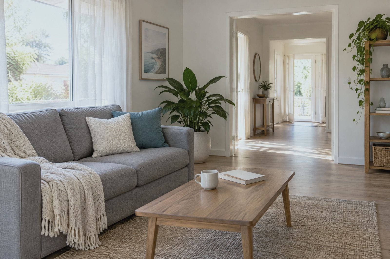 Calm living room with a sofa, plants and an open doorway to a sunlit hallway