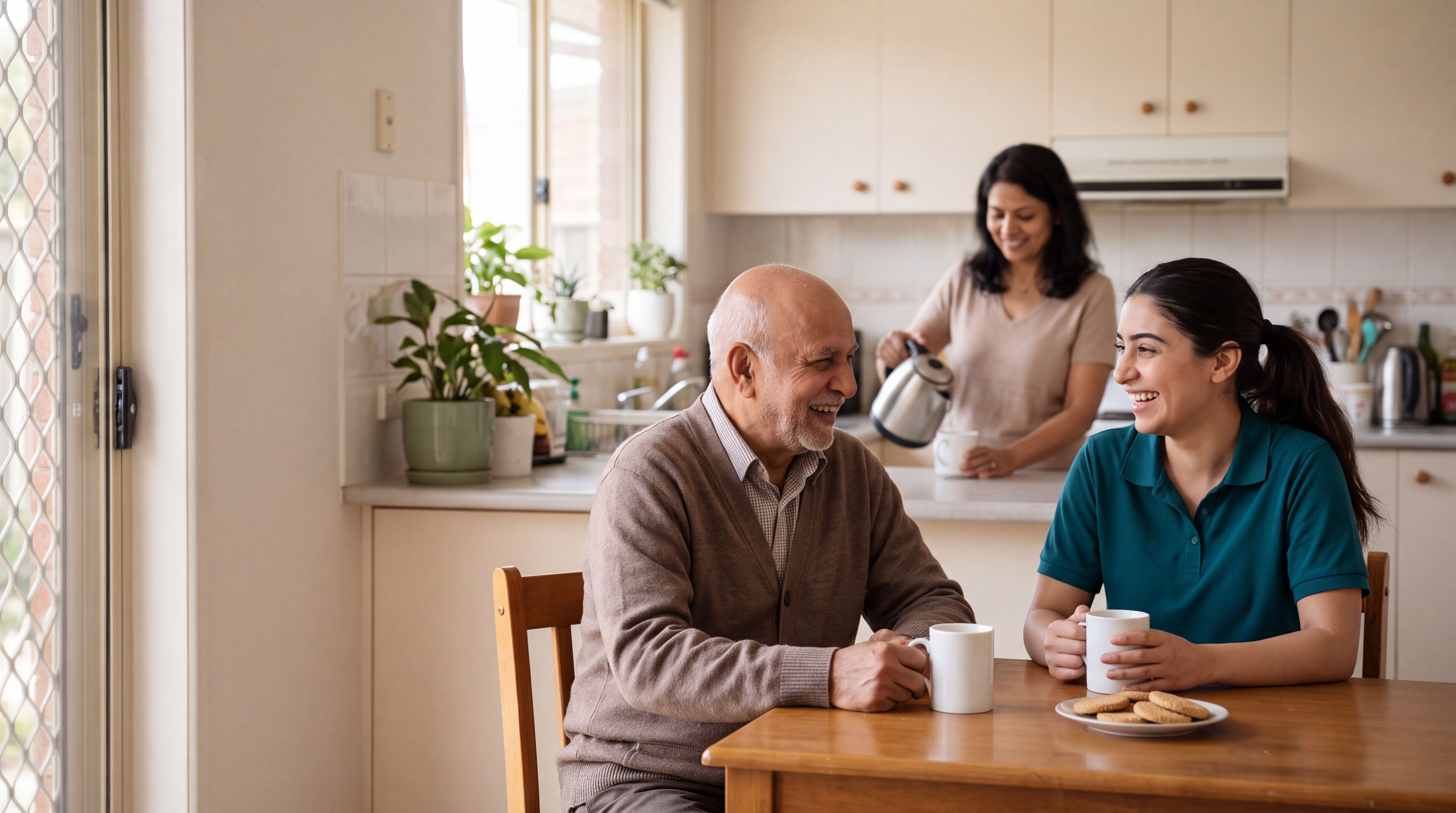 A support worker and an older man laughing over cups of tea at a kitchen table at home, with his daughter nearby.