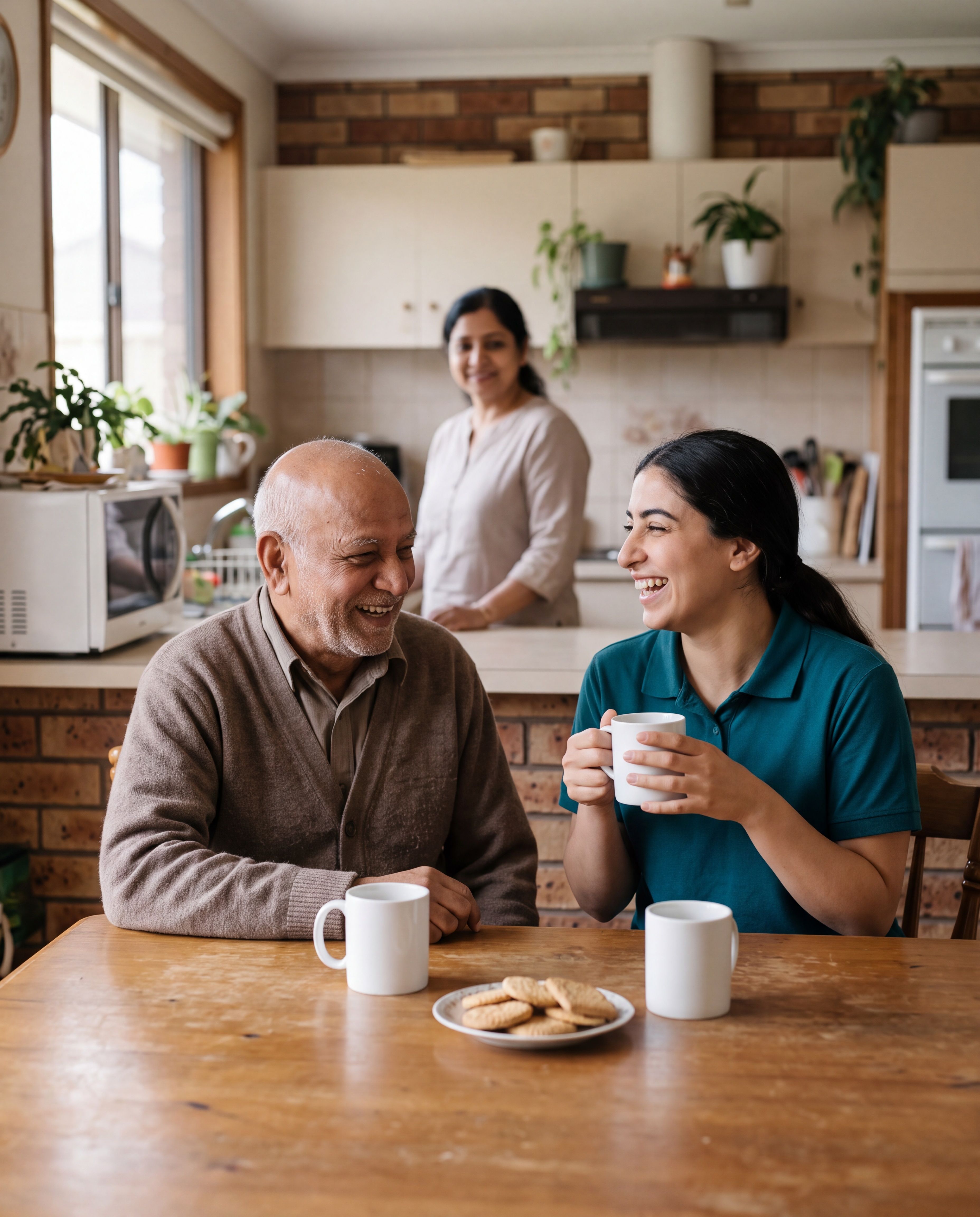 A support worker and an older man laughing over cups of tea at a kitchen table at home.