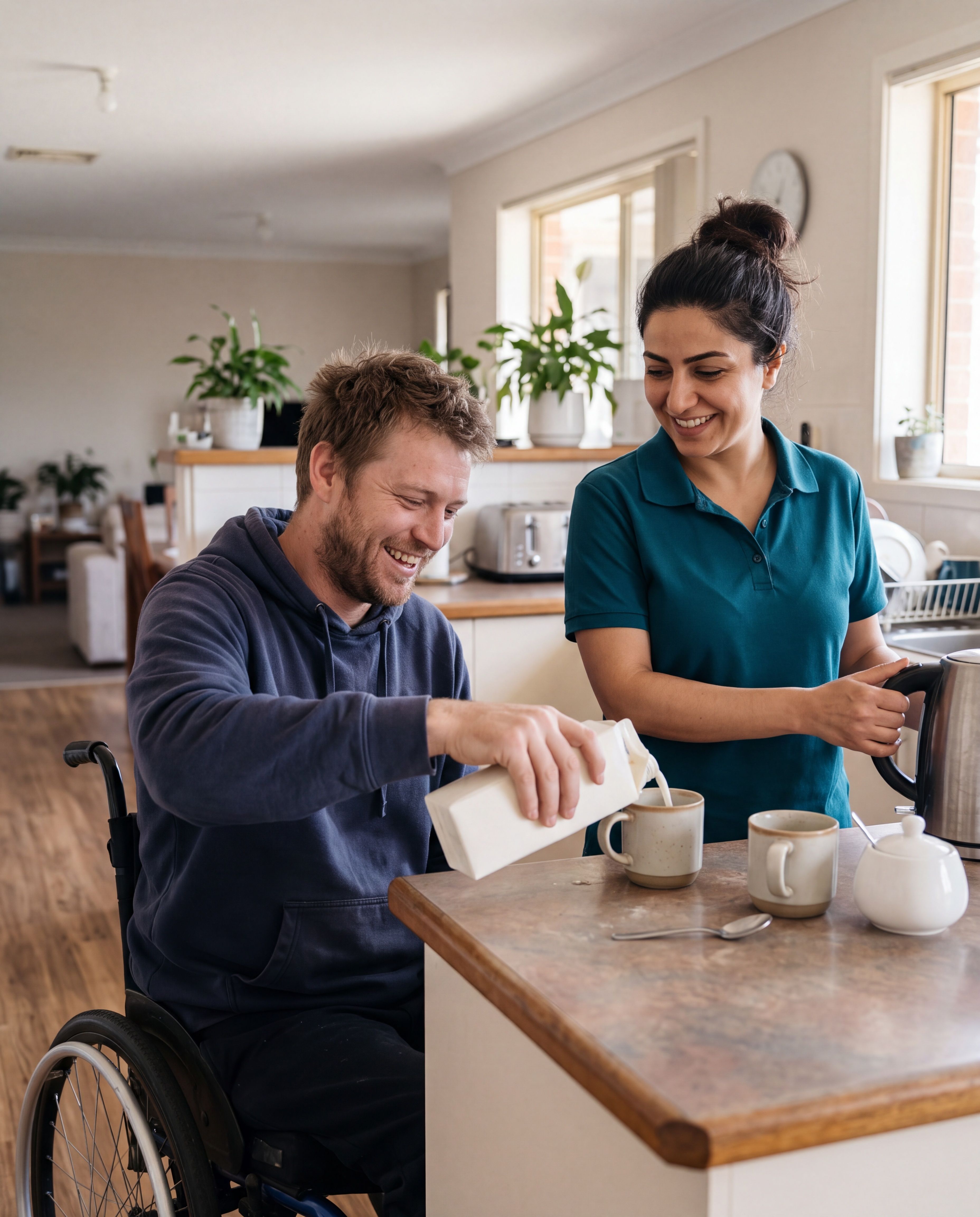 A support worker and a resident making tea together in the kitchen of a shared home.