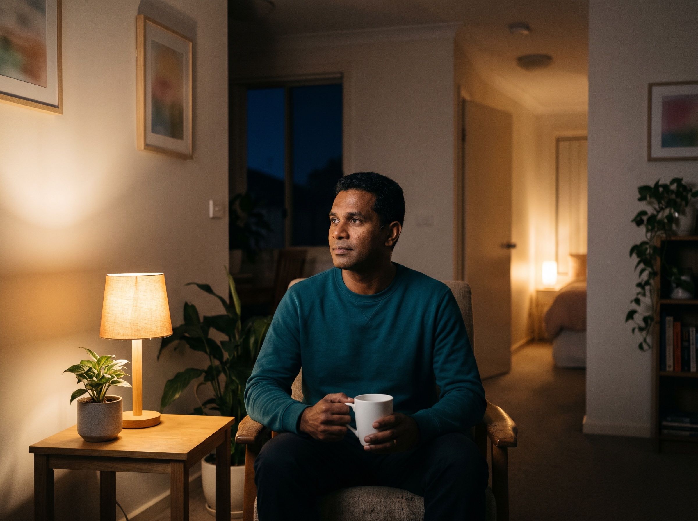 A support worker on an overnight shift sits quietly in the lounge of a shared home, a hallway lamp glowing.