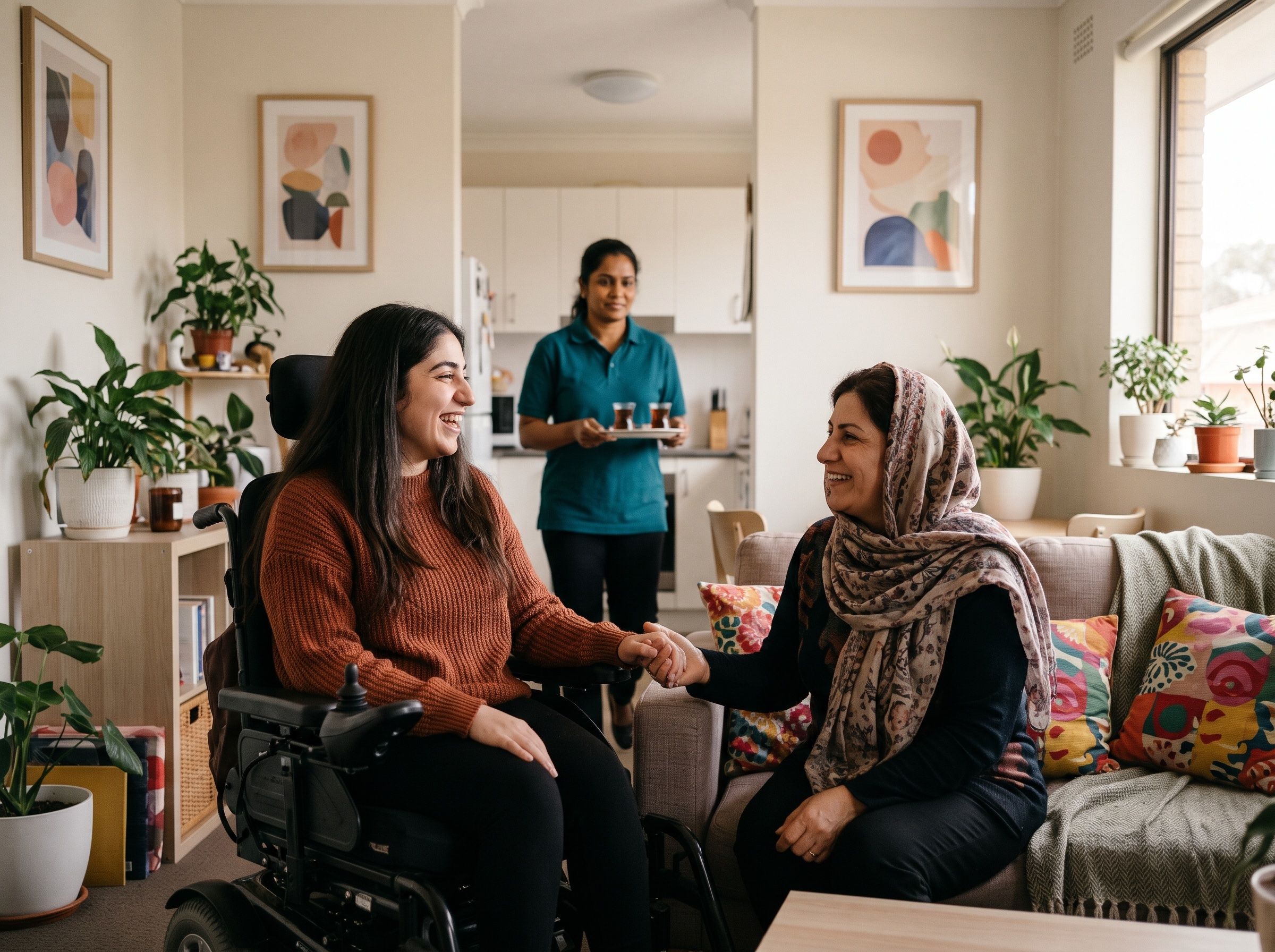 A young woman in her own home with her mother visiting and her support worker.