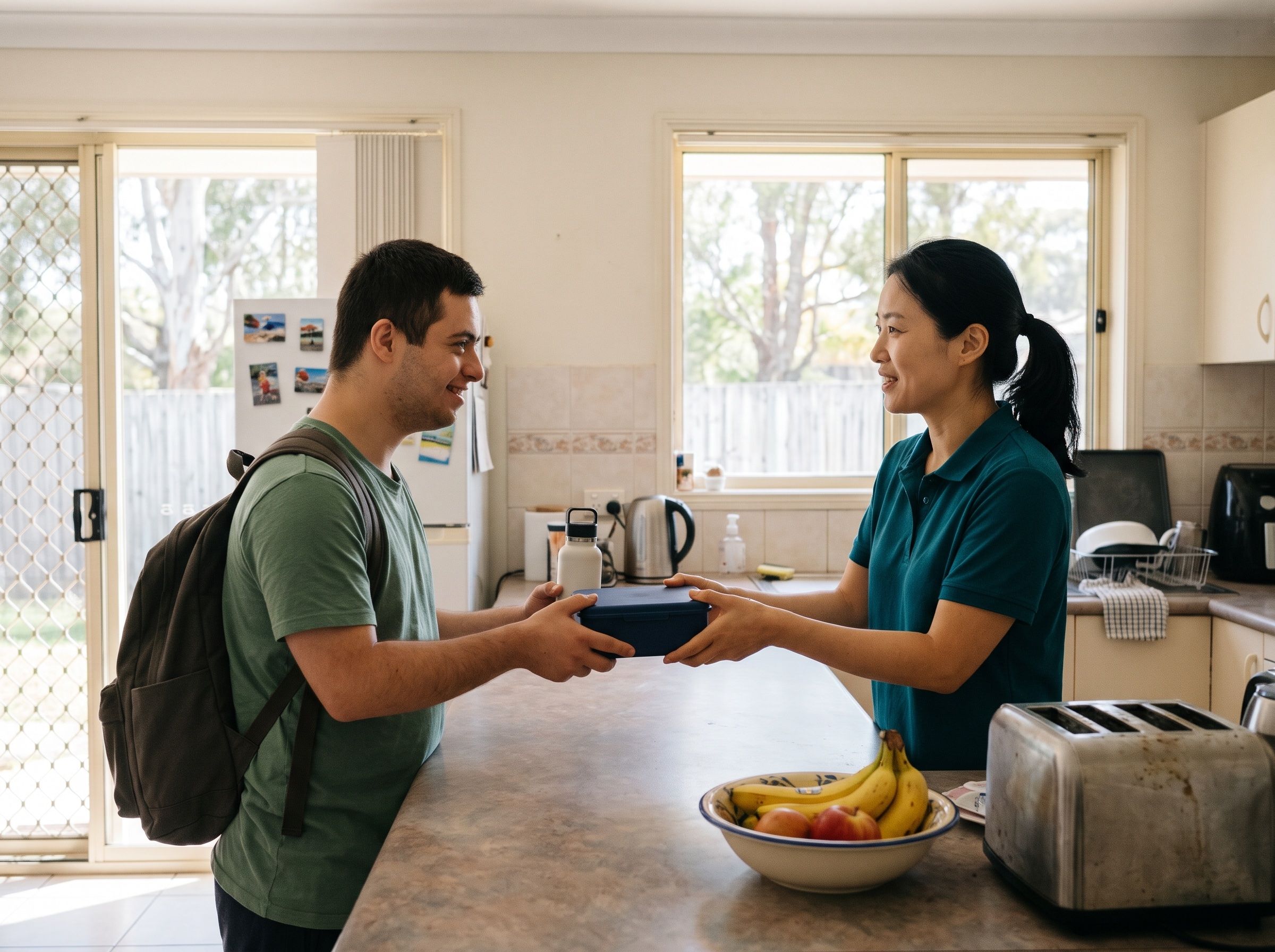 A support worker hands a young man his packed lunch as he gets ready to head out for the day.