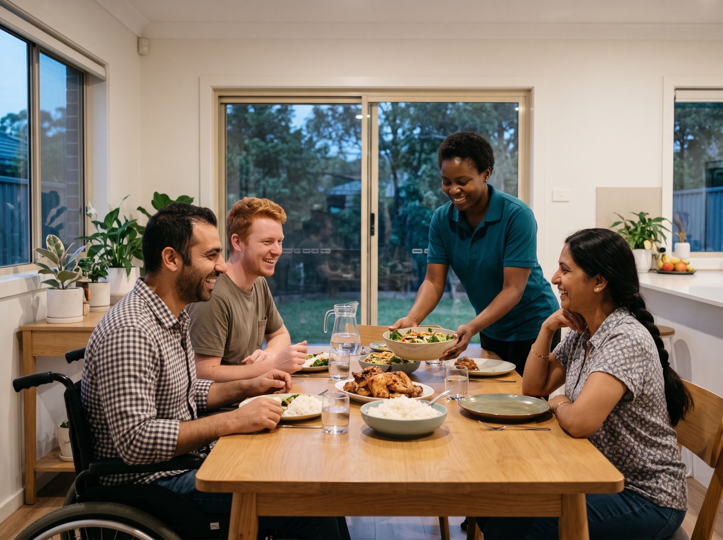 Three housemates share dinner at the table in their shared home while a support worker serves.