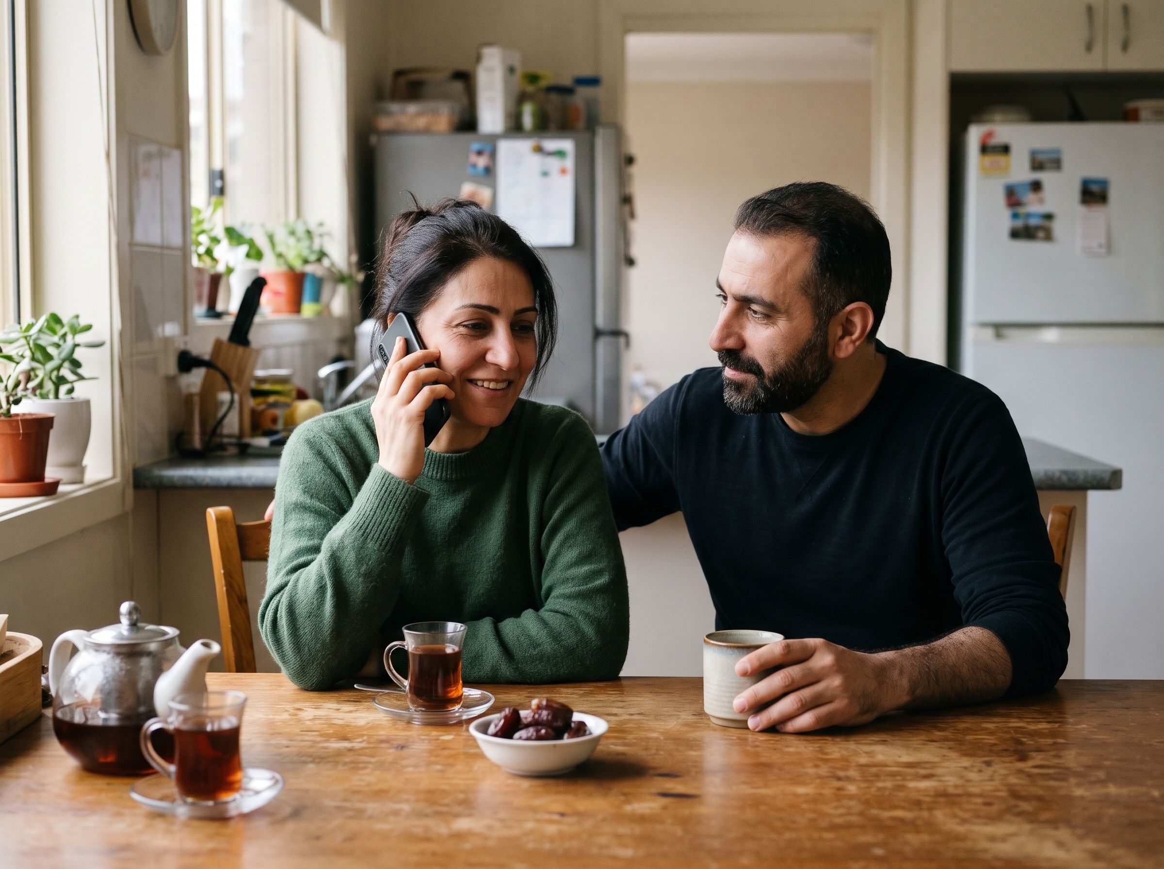 A mother talks on the phone at the kitchen table while her husband listens beside her.