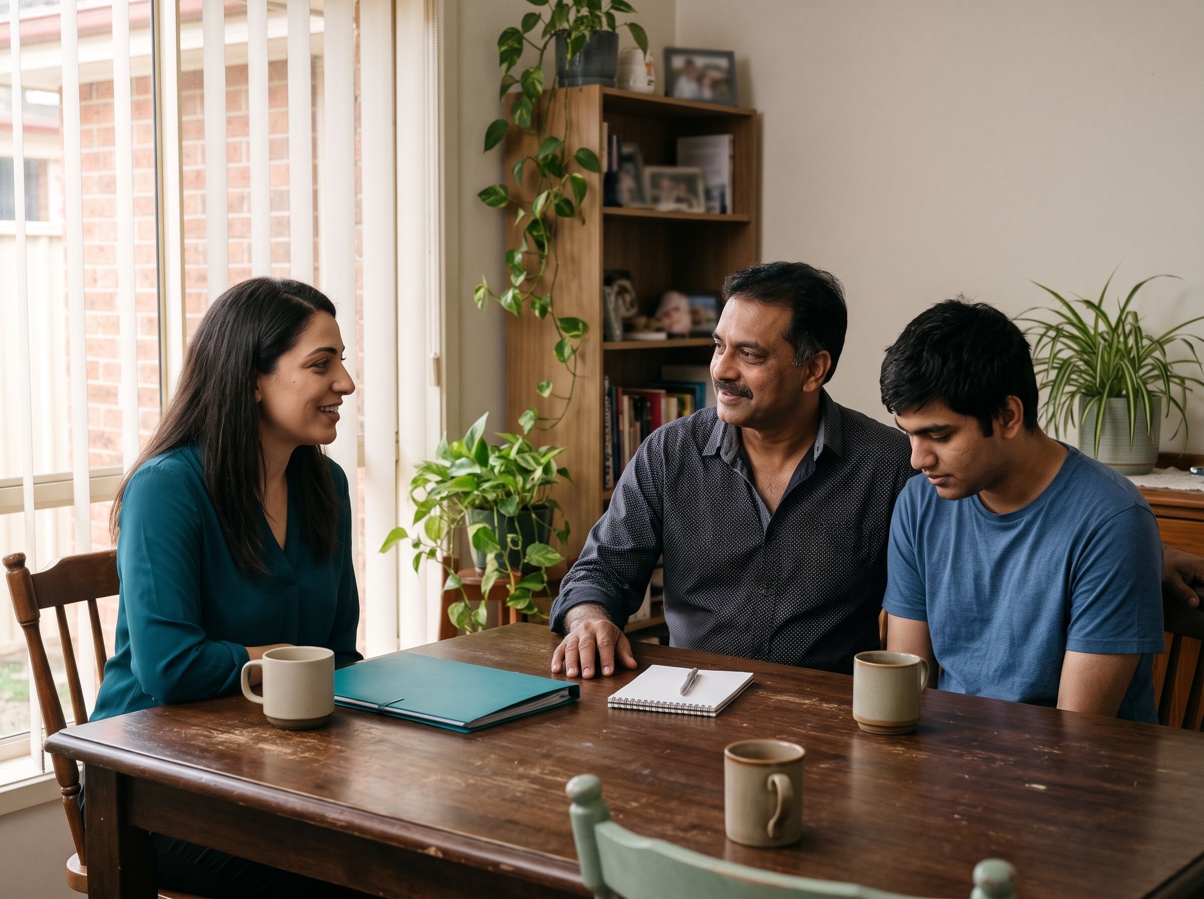 A woman visits a family at home, talking through a plan at the dining table.