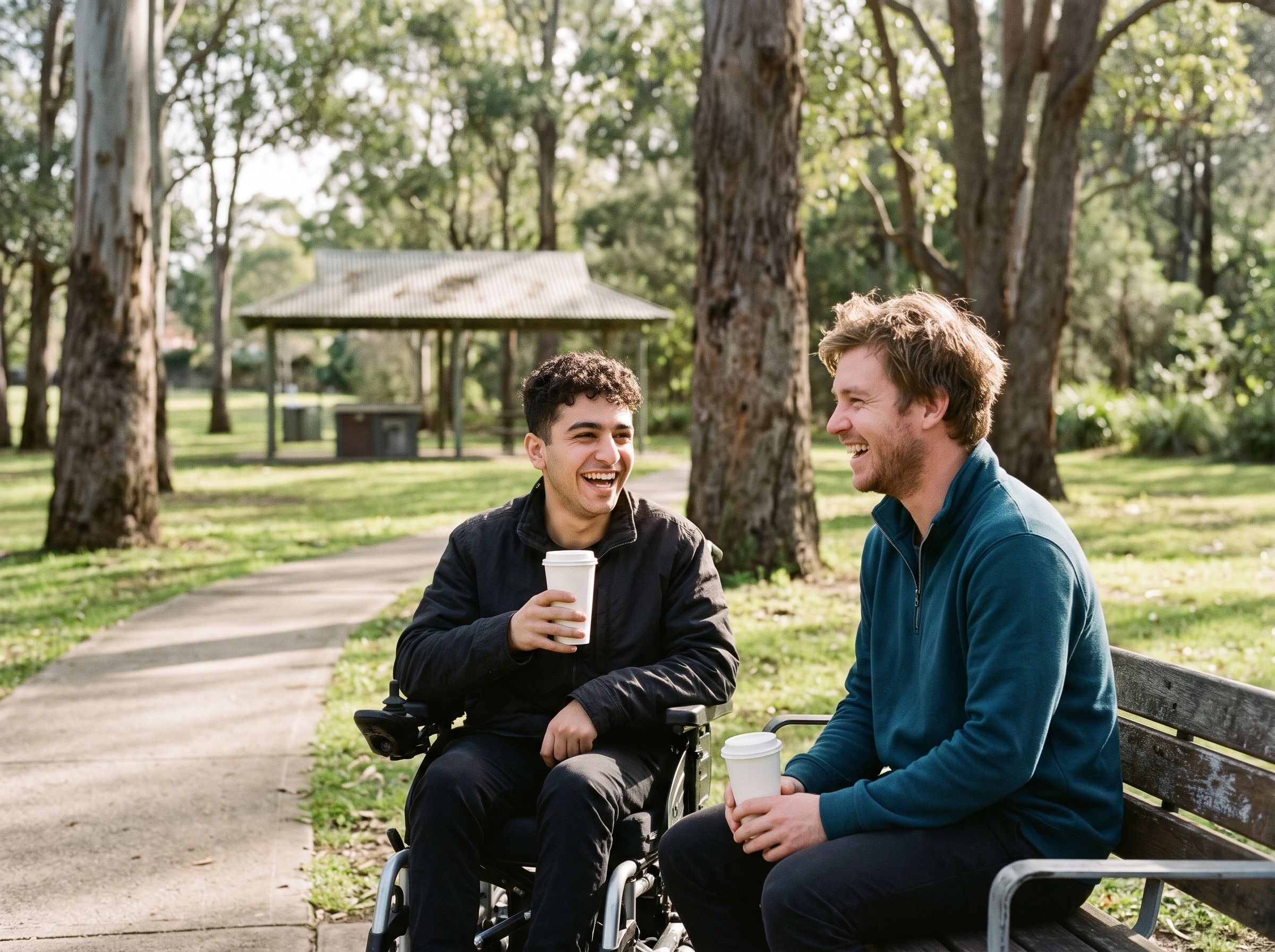 A support worker and a young man who uses a wheelchair share a laugh over coffee in a local park.