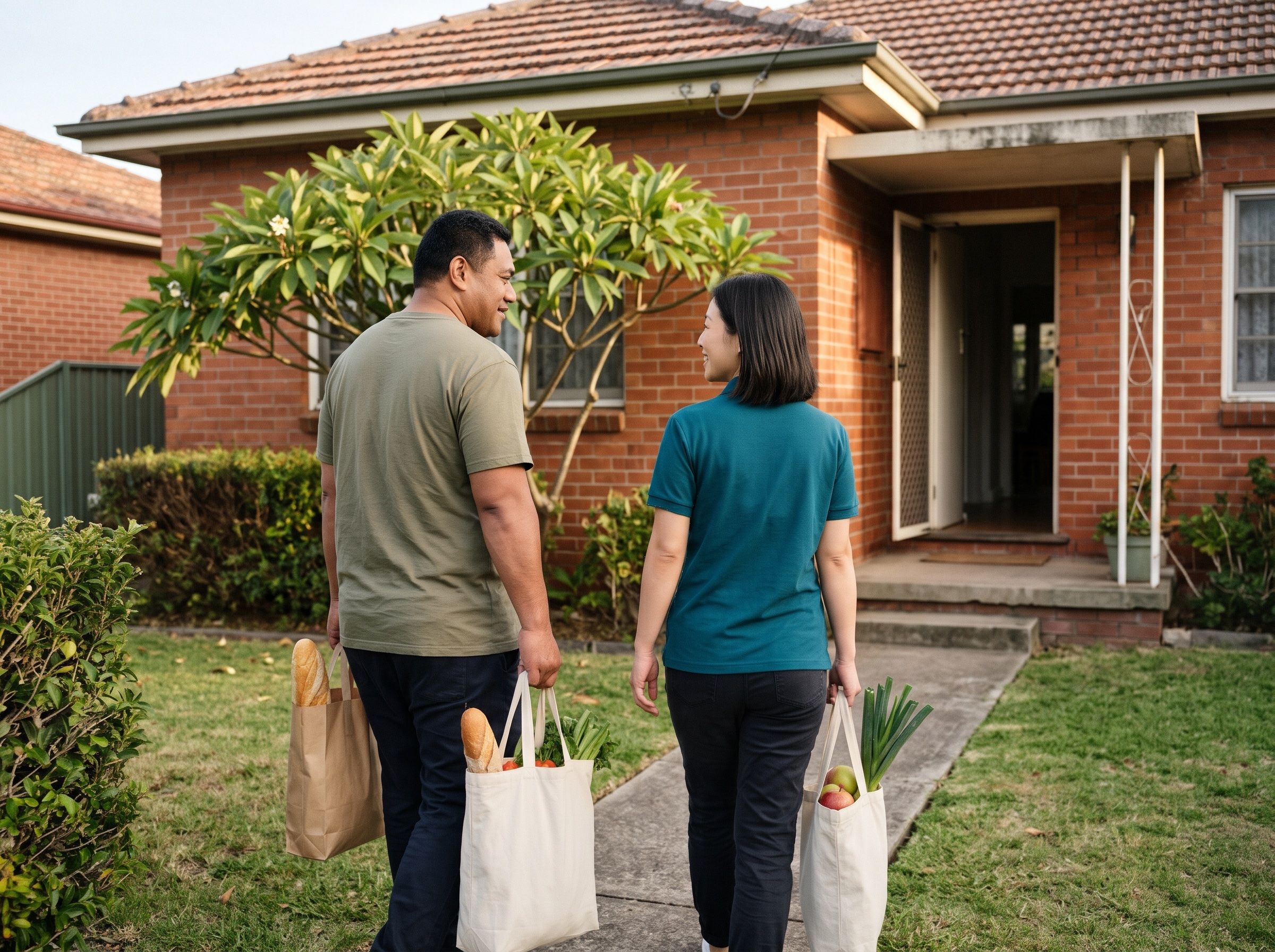 A support worker and a man walk up the front path to his home carrying bags of groceries.