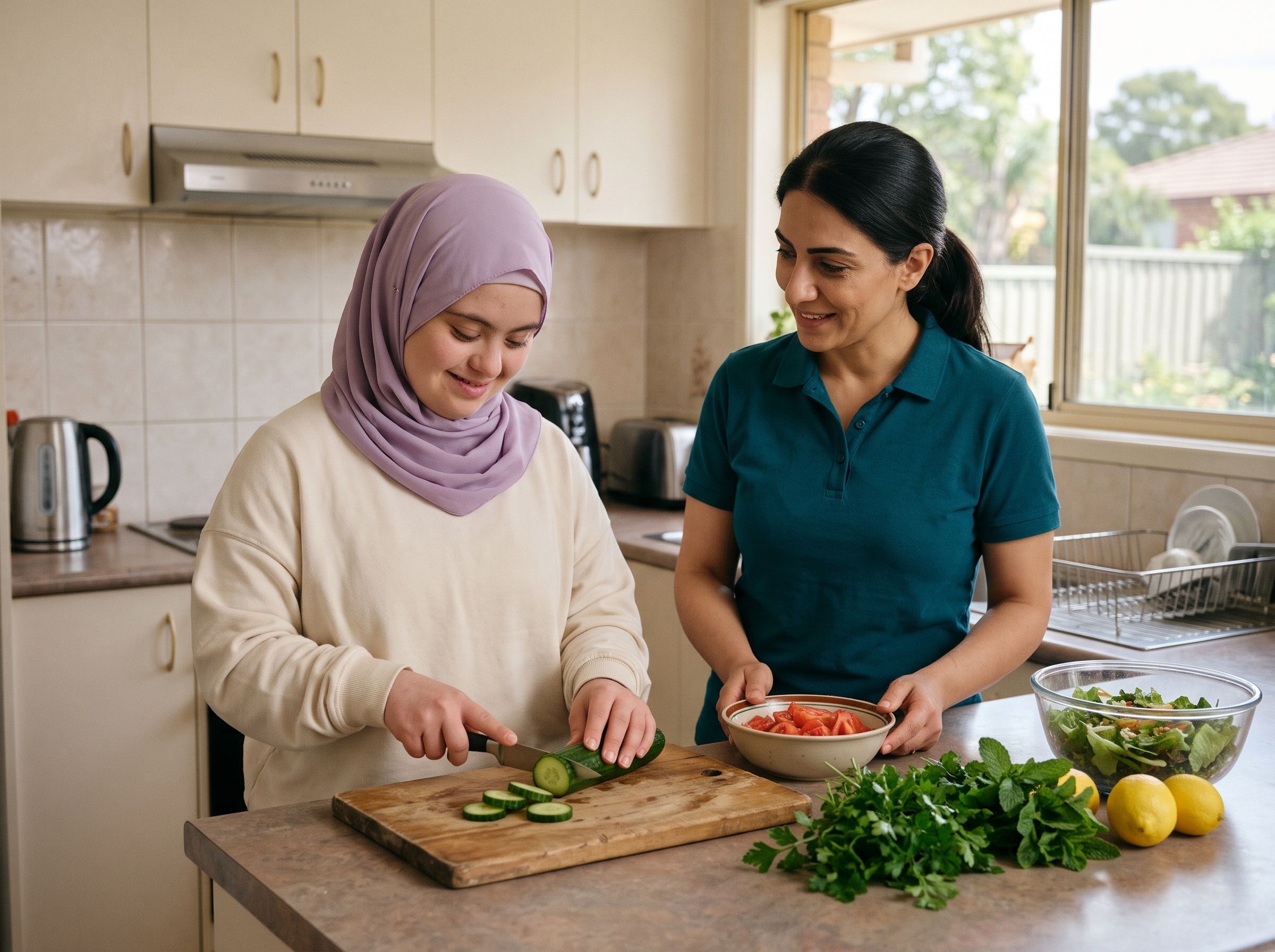 A young woman and her support worker chop vegetables together to make a salad in the kitchen.