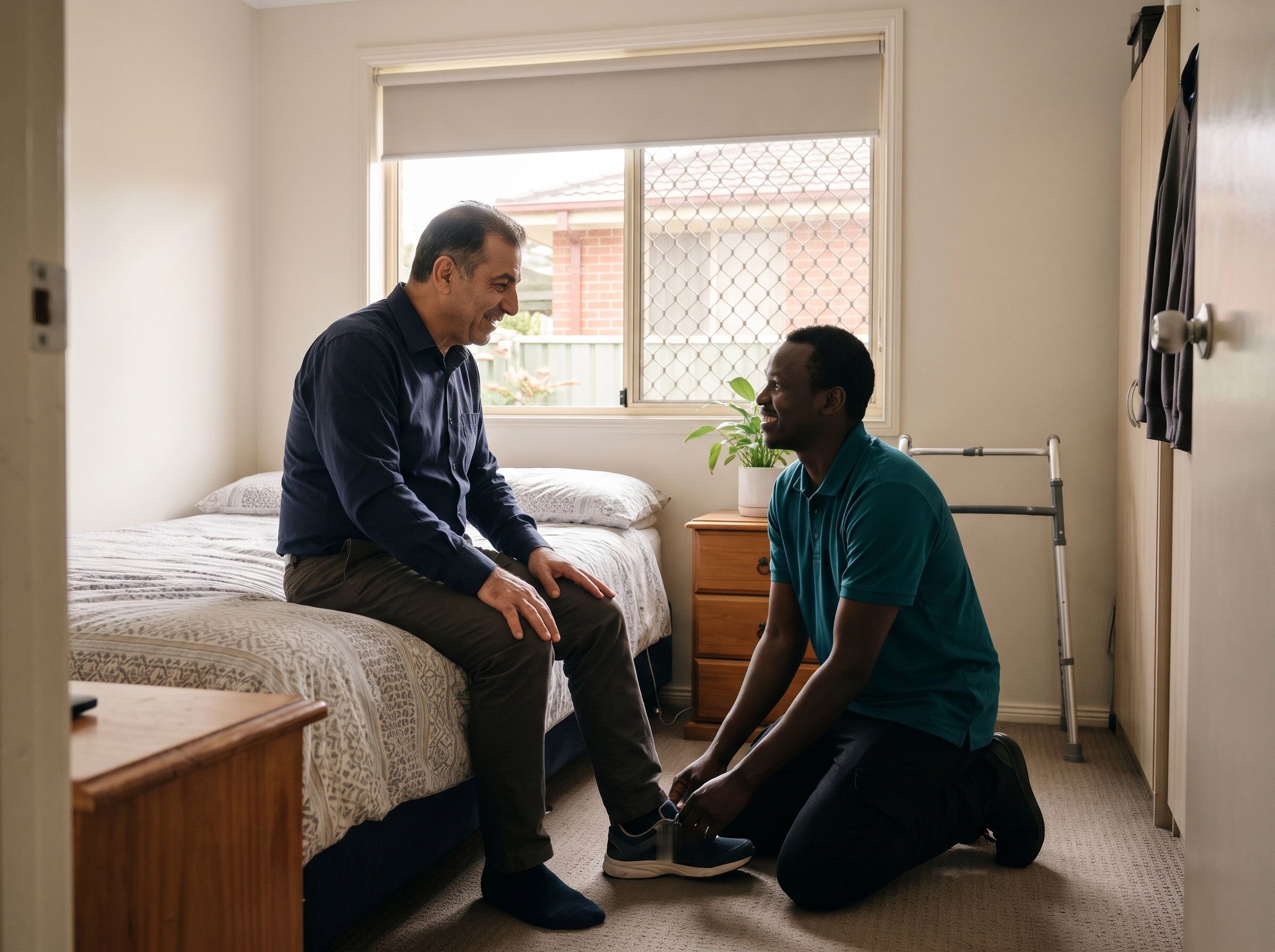 A support worker helps a man with his shoes as he gets ready for the day in his bedroom.