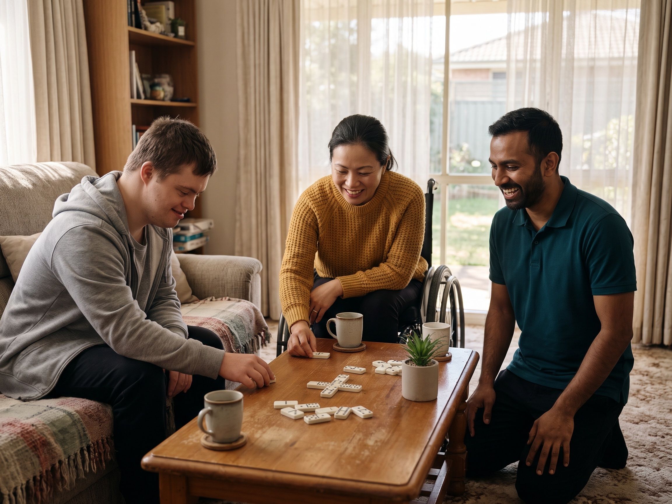 Two housemates and their support worker playing dominoes in the living room of a shared home.